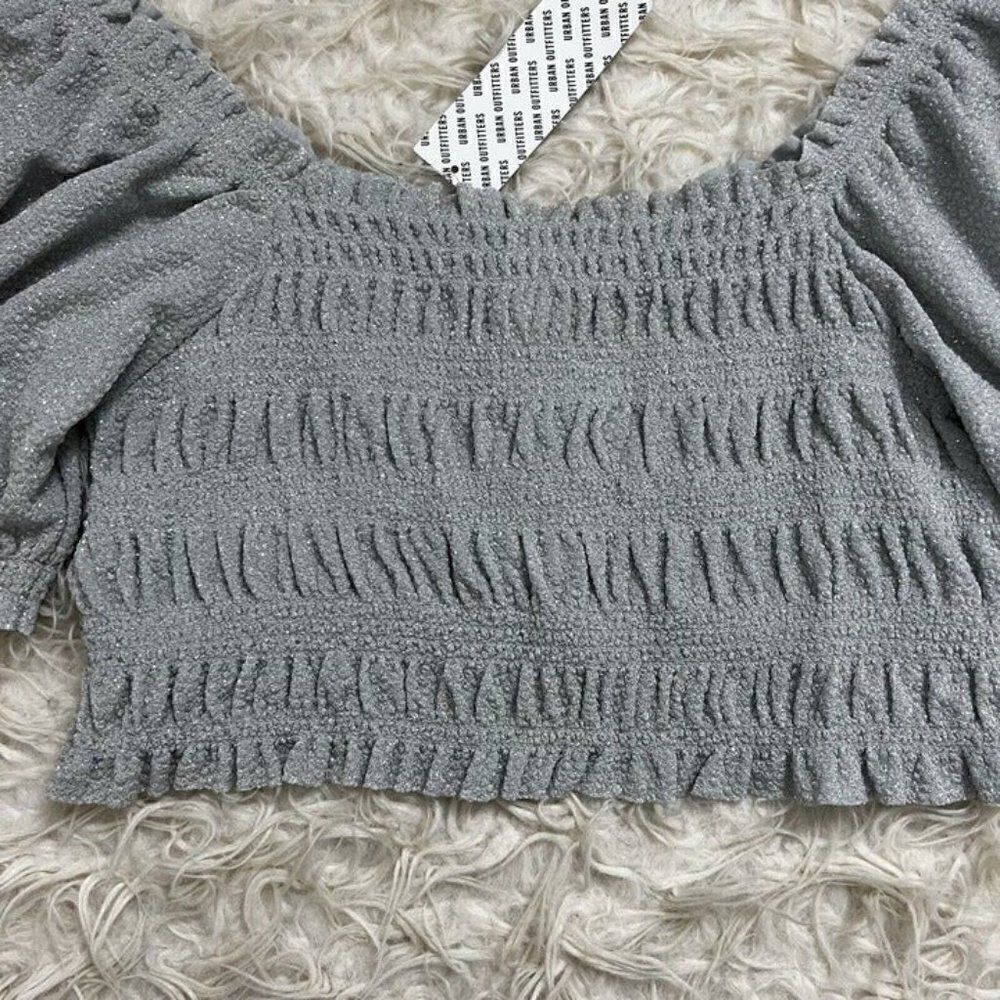 Urban Outfitters Lrg Shay Puff Sleeve Ruched Cinched Crop Top Grey Glitter NWT - Picture 12 of 12